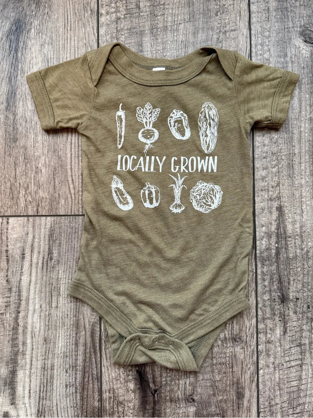 “locally grown” olive green onesie 6-12mo